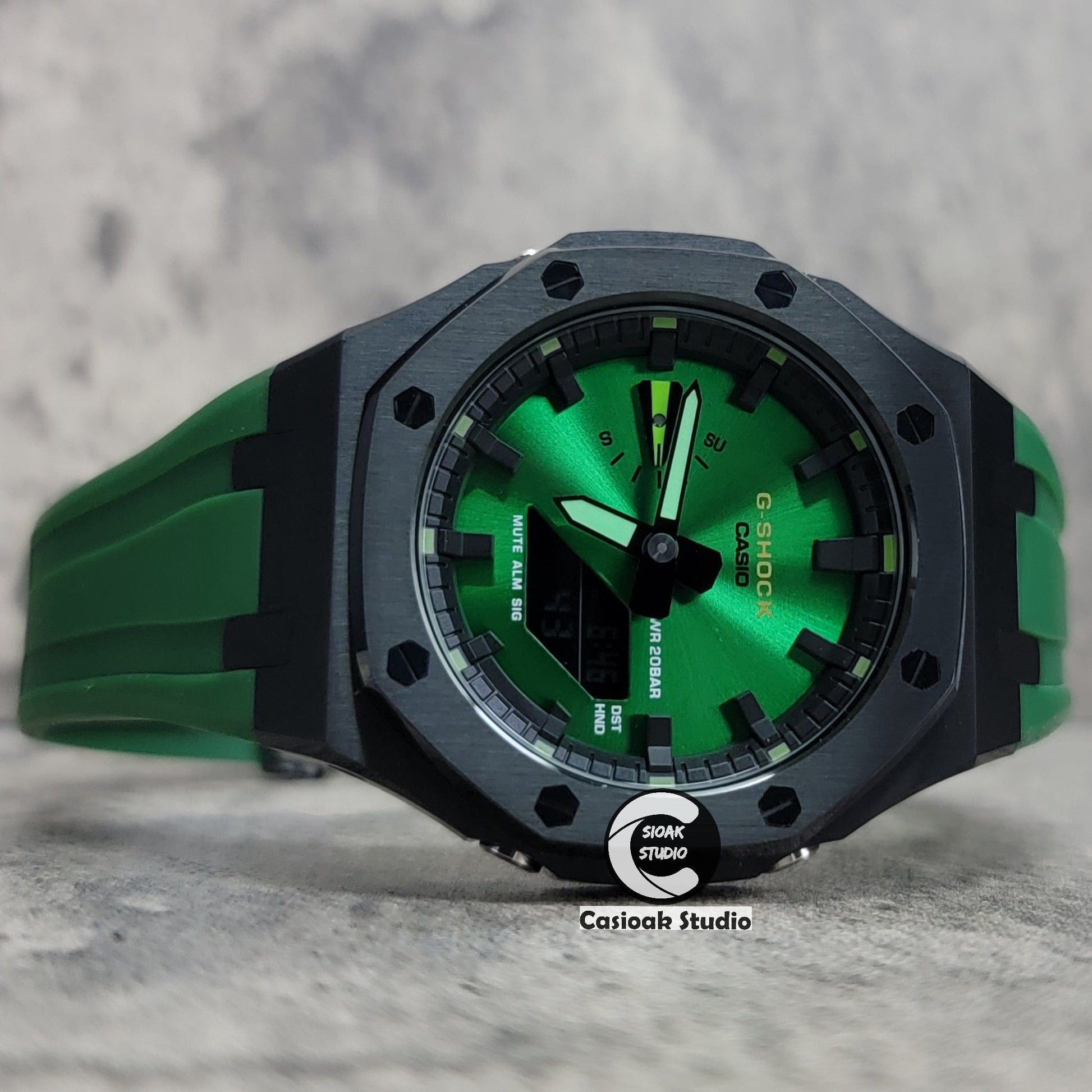 Casioak Mod Watch Black Case Green Rubber Strap Black Time Mark Green Dial 44mm- Casioak Mod Casio G-Shock Royal Oak Custom Mens Luxury Watches Ga2100