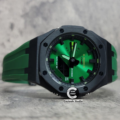 Casioak Mod Watch Black Case Green Rubber Strap Black Time Mark Green Dial 44mm- Casioak Mod Casio G-Shock Royal Oak Custom Mens Luxury Watches Ga2100