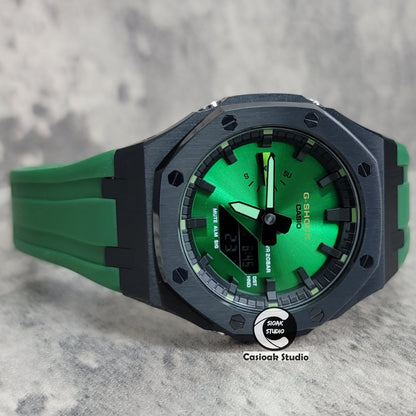 Casioak Mod Watch Black Case Green Rubber Strap Black Time Mark Green Dial 44mm- Casioak Mod Casio G-Shock Royal Oak Custom Mens Luxury Watches Ga2100