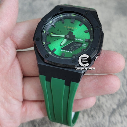 Casioak Mod Watch Black Case Green Rubber Strap Black Time Mark Green Dial 44mm- Casioak Mod Casio G-Shock Royal Oak Custom Mens Luxury Watches Ga2100