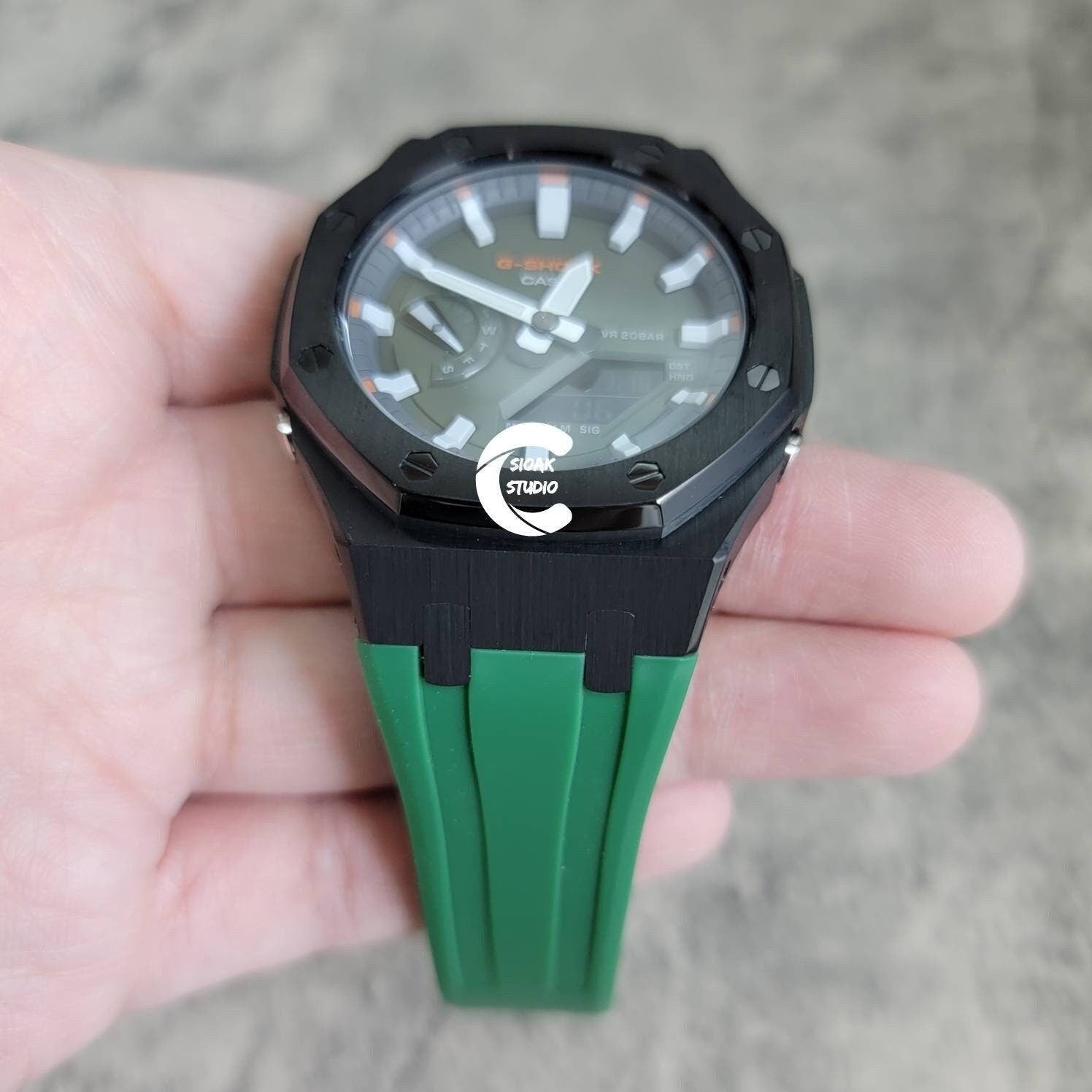 Casioak Mod Watch Black Case Green Rubber Strap Black White Time Mark Olive Dial 44mm- Casioak Mod Casio G-Shock Royal Oak Custom Mens Luxury Watches Ga2100