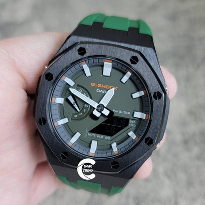 Casioak Mod Watch Black Case Green Rubber Strap Black White Time Mark Olive Dial 44mm- Casioak Mod Casio G-Shock Royal Oak Custom Mens Luxury Watches Ga2100