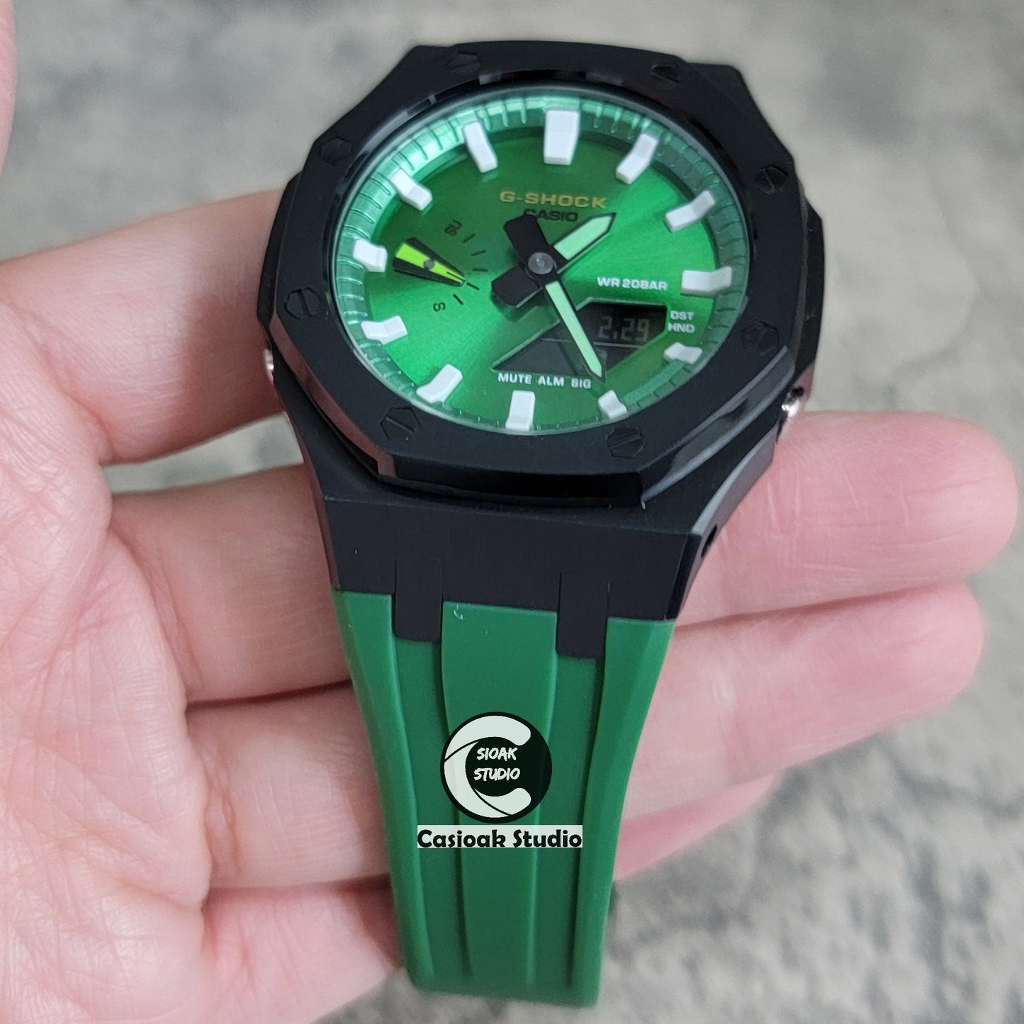 Casioak Mod Watch Black Case Green Rubber Strap Green White Time Mark Green Dial 44mm- Casioak Mod Casio G-Shock Royal Oak Custom Mens Luxury Watches Ga2100