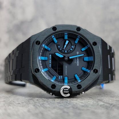 Casioak Mod Watch Black Case Metal Strap Black Blue Time Mark Black Dial 44mm- Casioak Mod Casio G-Shock Royal Oak Custom Mens Luxury Watches Ga2100