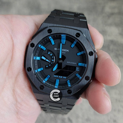 Casioak Mod Watch Black Case Metal Strap Black Blue Time Mark Black Dial 44mm- Casioak Mod Casio G-Shock Royal Oak Custom Mens Luxury Watches Ga2100