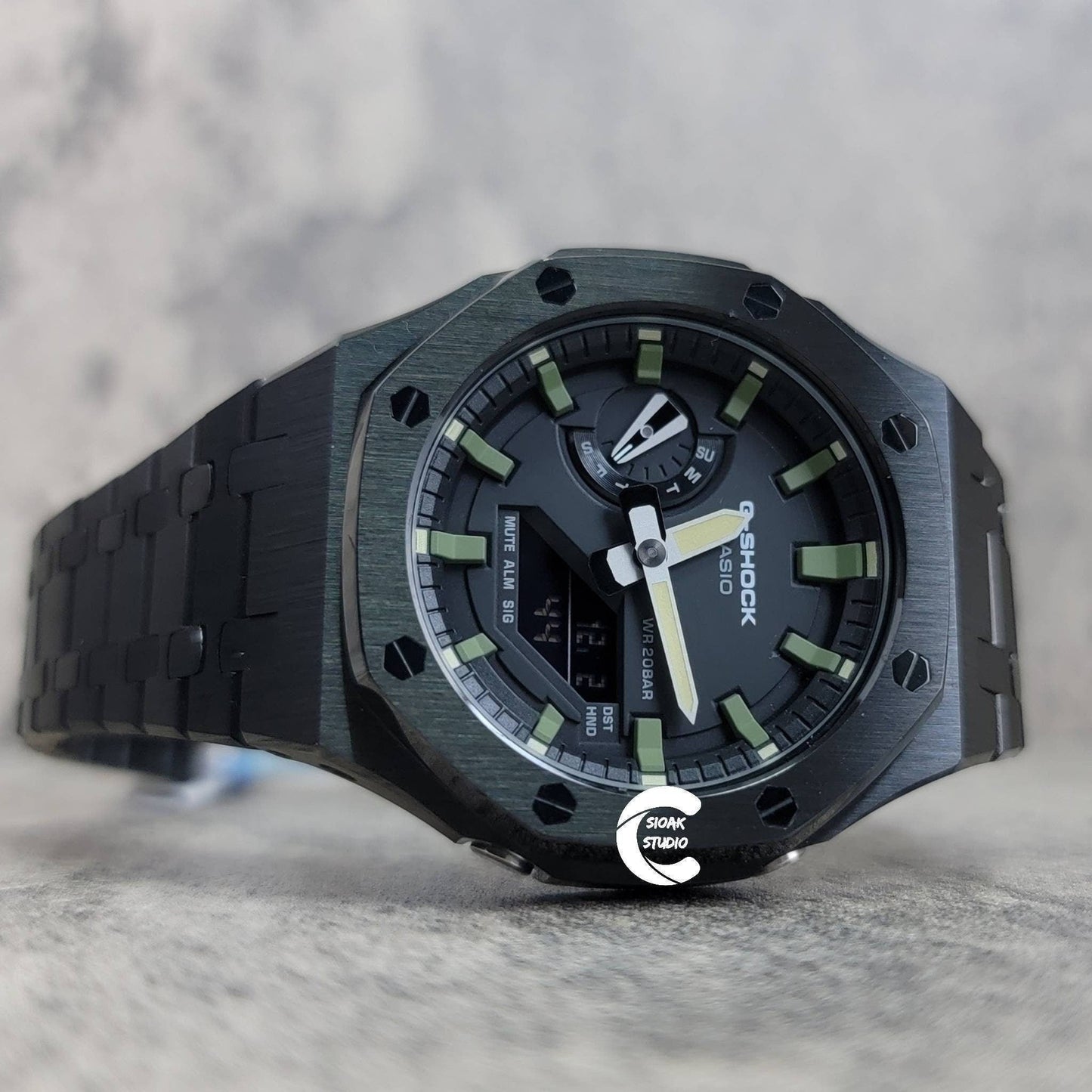 Casioak Mod Watch Black Case Metal Strap Black Green Time Mark Black Dial 44mm- Casioak Mod Casio G-Shock Royal Oak Custom Mens Luxury Watches Ga2100