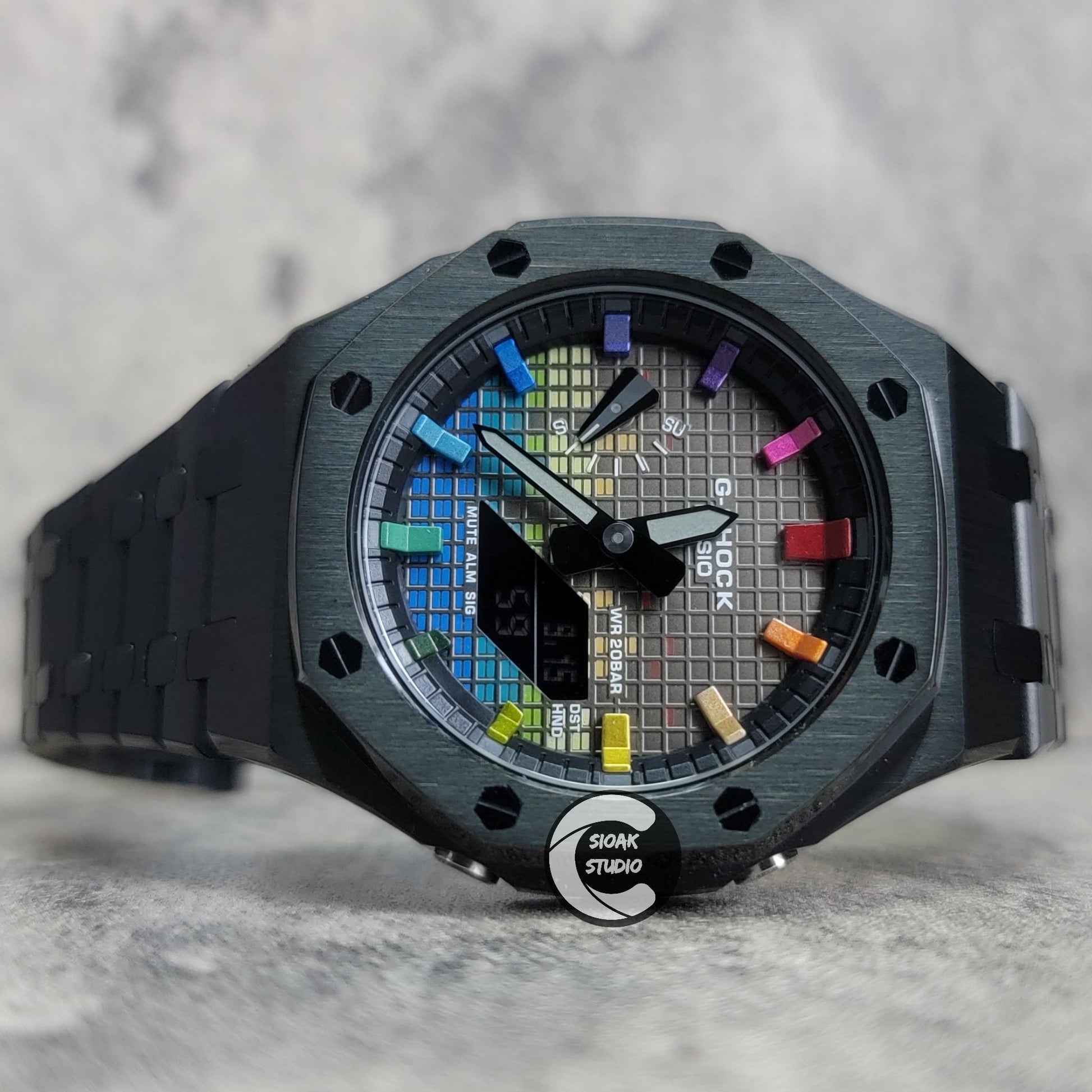Casioak Mod Watch Black Case Metal Strap Black Rainbow Time Mark Music Dial 44mm- Casioak Mod Casio G-Shock Royal Oak Custom Mens Luxury Watches Ga2100