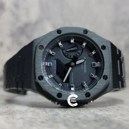 Casioak Mod Watch Black Case Metal Strap Black Silver Time Mark Black Dial 44mm- Casioak Mod Casio G-Shock Royal Oak Custom Mens Luxury Watches Ga2100