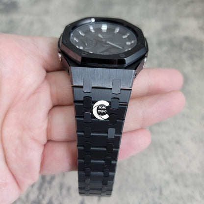 Casioak Mod Watch Black Case Metal Strap Black Silver Time Mark Black Dial 44mm- Casioak Mod Casio G-Shock Royal Oak Custom Mens Luxury Watches Ga2100