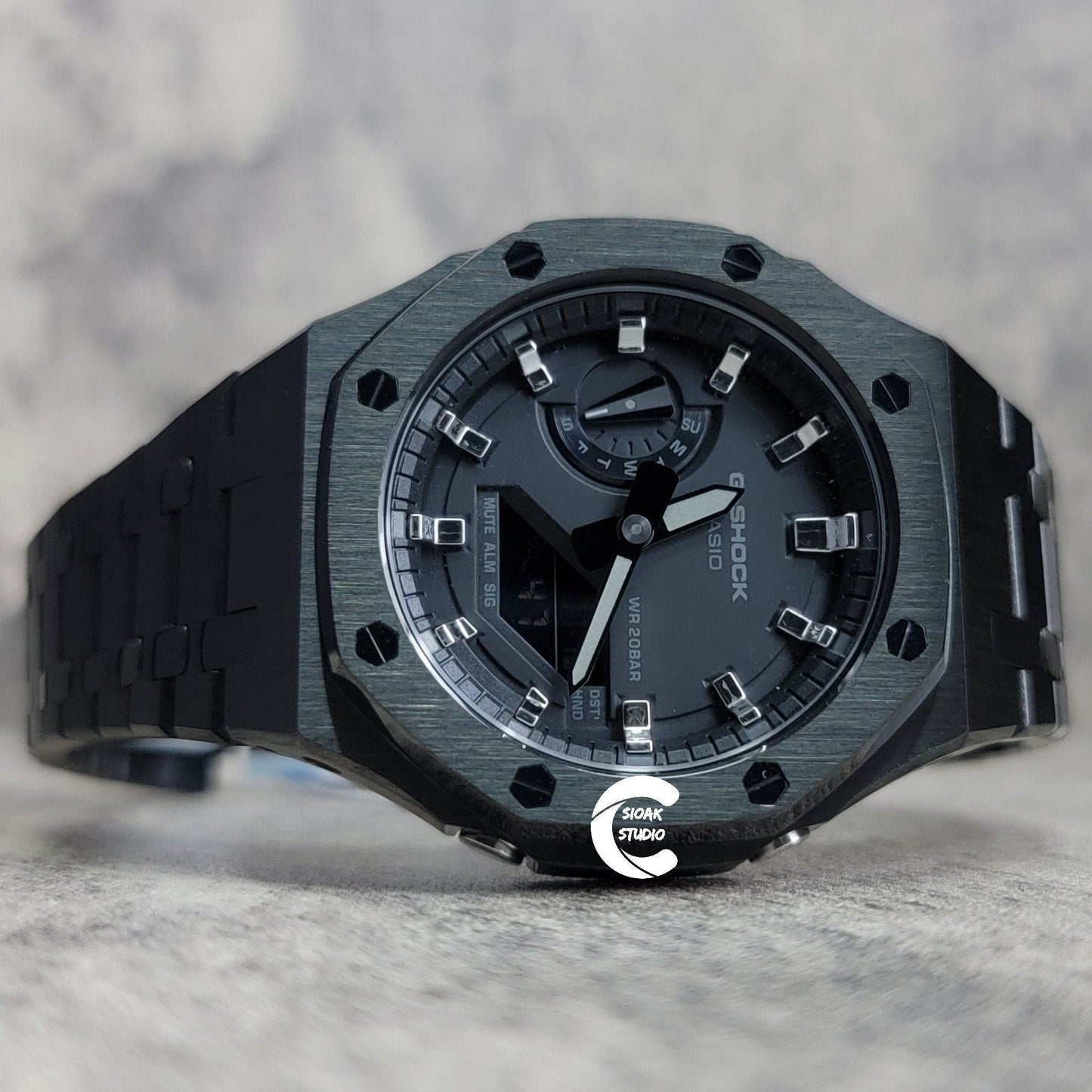 Casioak Mod Watch Black Case Metal Strap Black Silver Time Mark Black Dial 44mm- Casioak Mod Casio G-Shock Royal Oak Custom Mens Luxury Watches Ga2100