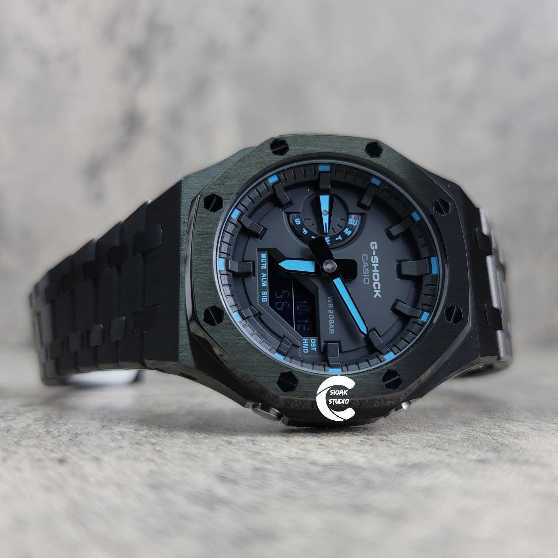 Casioak Mod Watch Black Case Metal Strap Black Time Mark Black Dial 44 mm- Casioak Mod Casio G-Shock Royal Oak Custom Mens Luxury Watches Ga2100