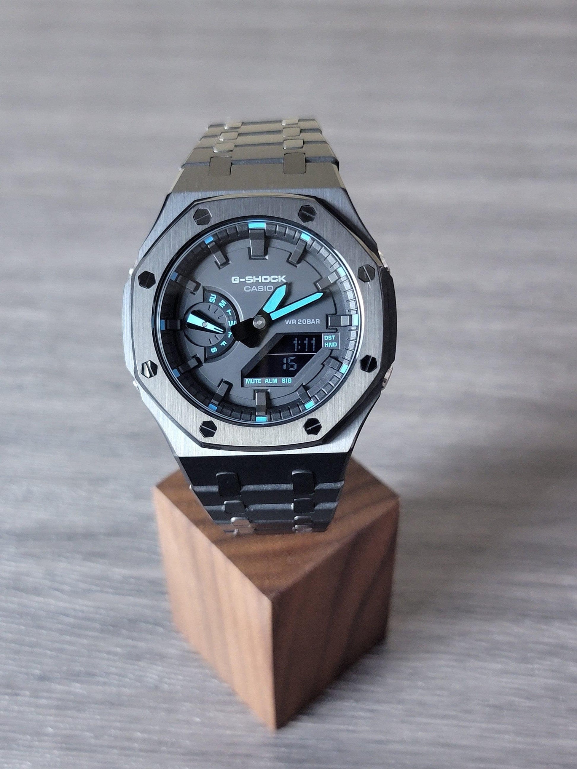 Casioak Mod Watch Black Case Metal Strap Black Time Mark Black Dial 44mm Blue- Casioak Mod Casio G-Shock Royal Oak Custom Mens Luxury Watches Ga2100