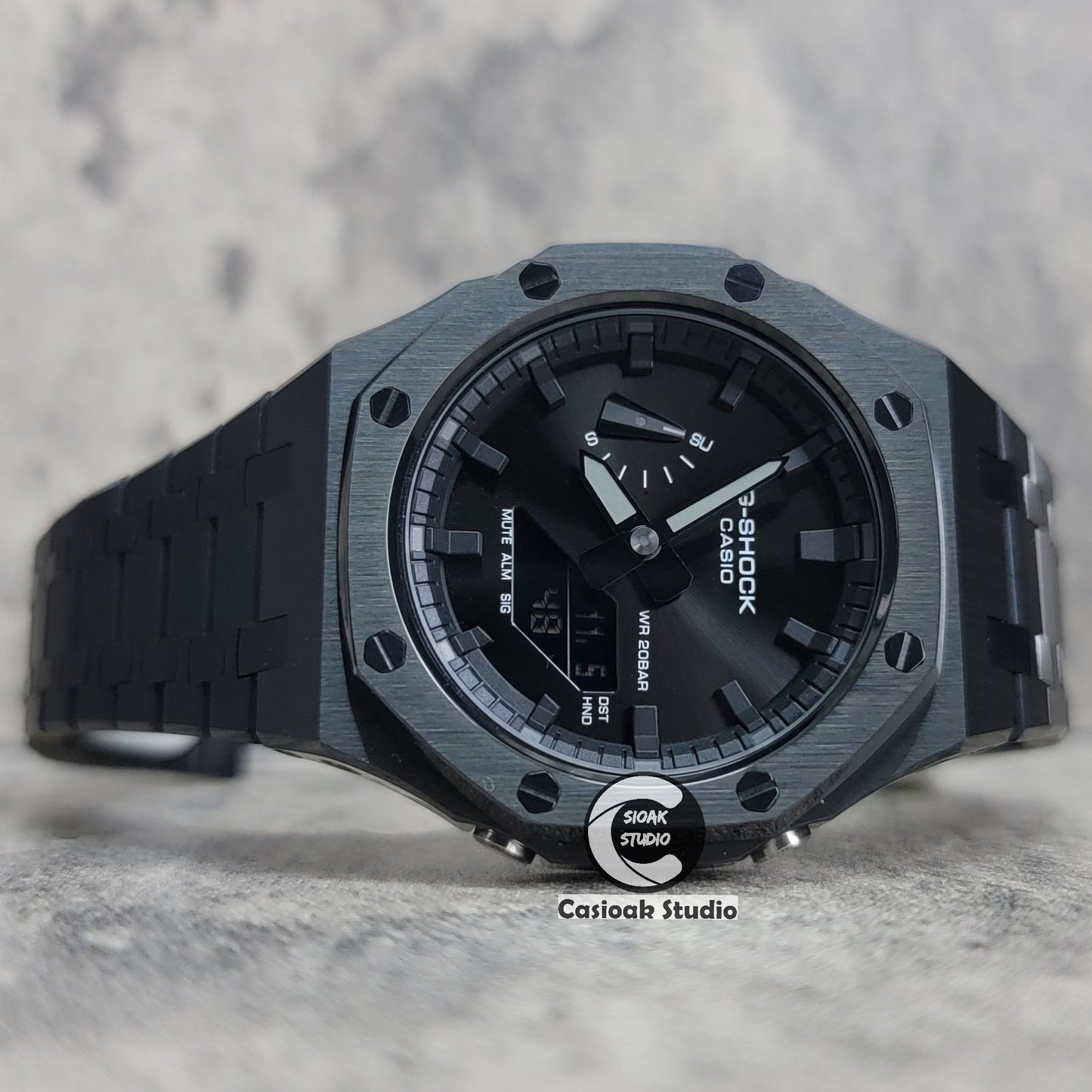 Casioak Mod Watch Black Case Metal Strap Black Time Mark Black Dial 44mm- Casioak Mod Casio G-Shock Royal Oak Custom Mens Luxury Watches Ga2100