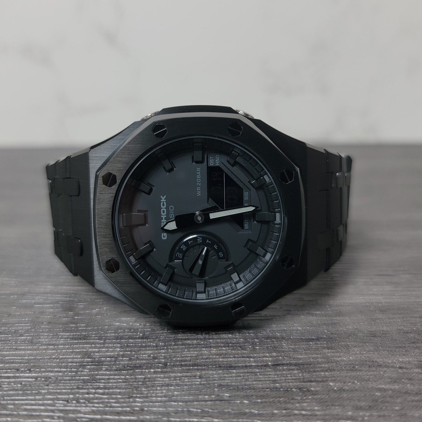 Casioak Mod Watch Black Case Metal Strap Black Time Mark Black Dial 44mm- Casioak Mod Casio G-Shock Royal Oak Custom Mens Luxury Watches Ga2100