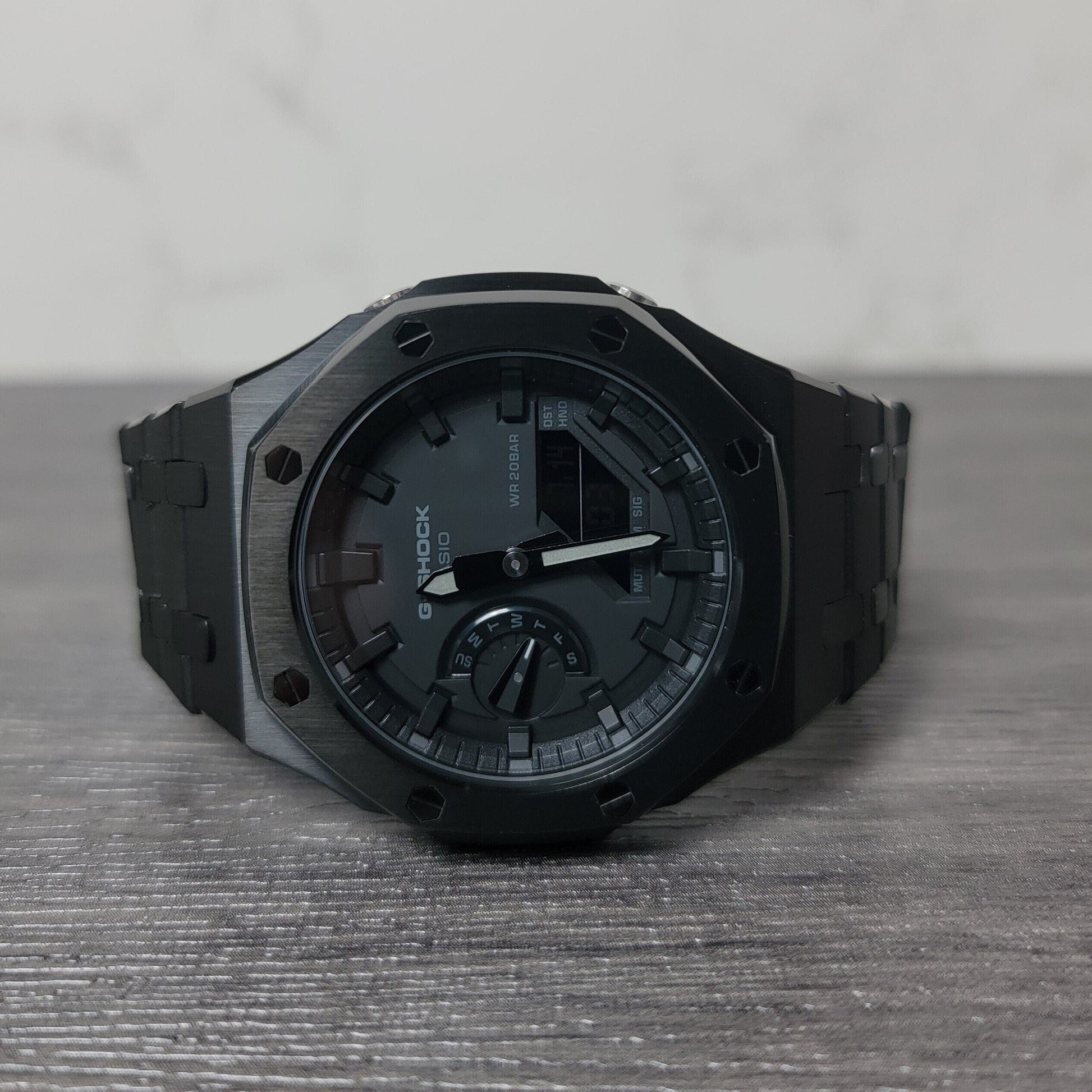 Casioak Mod Watch Black Case Metal Strap Black Time Mark Black Dial 44mm- Casioak Mod Casio G-Shock Royal Oak Custom Mens Luxury Watches Ga2100