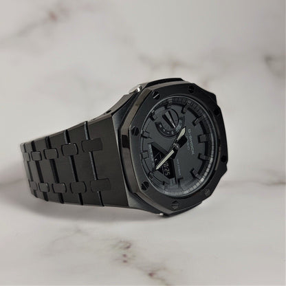 Casioak Mod Watch Black Case Metal Strap Black Time Mark Black Dial 44mm- Casioak Mod Casio G-Shock Royal Oak Custom Mens Luxury Watches Ga2100