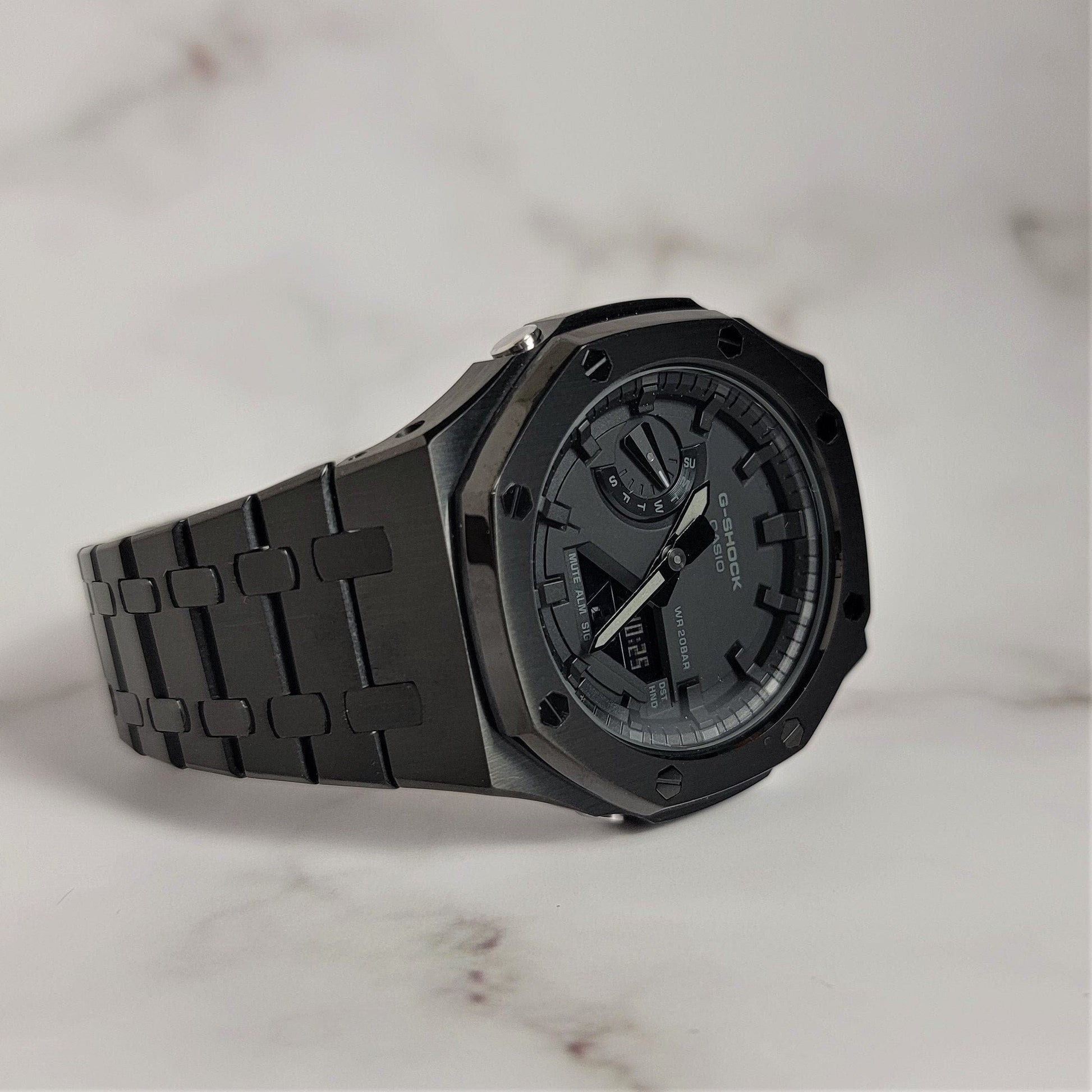 Casioak Mod Watch Black Case Metal Strap Black Time Mark Black Dial 44mm- Casioak Mod Casio G-Shock Royal Oak Custom Mens Luxury Watches Ga2100