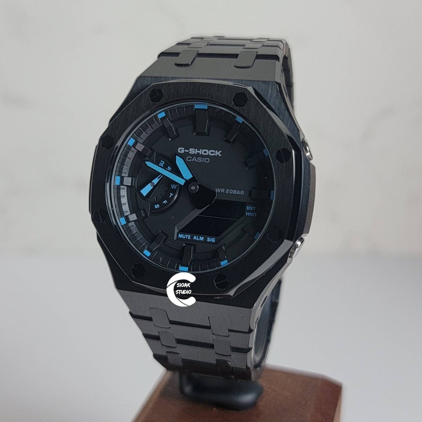 Casioak Mod Watch Black Case Metal Strap Black Time Mark Black Dial 44mm- Casioak Mod Casio G-Shock Royal Oak Custom Mens Luxury Watches Ga2100