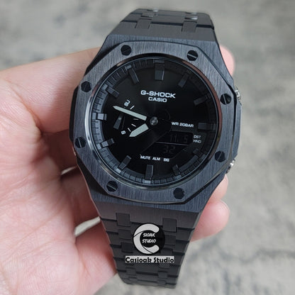 Casioak Mod Watch Black Case Metal Strap Black Time Mark Black Dial 44mm- Casioak Mod Casio G-Shock Royal Oak Custom Mens Luxury Watches Ga2100