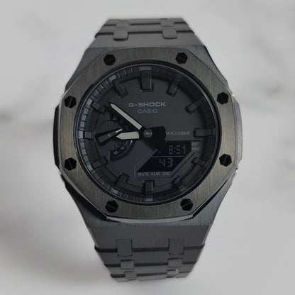 Casioak Mod Watch Black Case Metal Strap Black Time Mark Black Dial 44mm- Casioak Mod Casio G-Shock Royal Oak Custom Mens Luxury Watches Ga2100