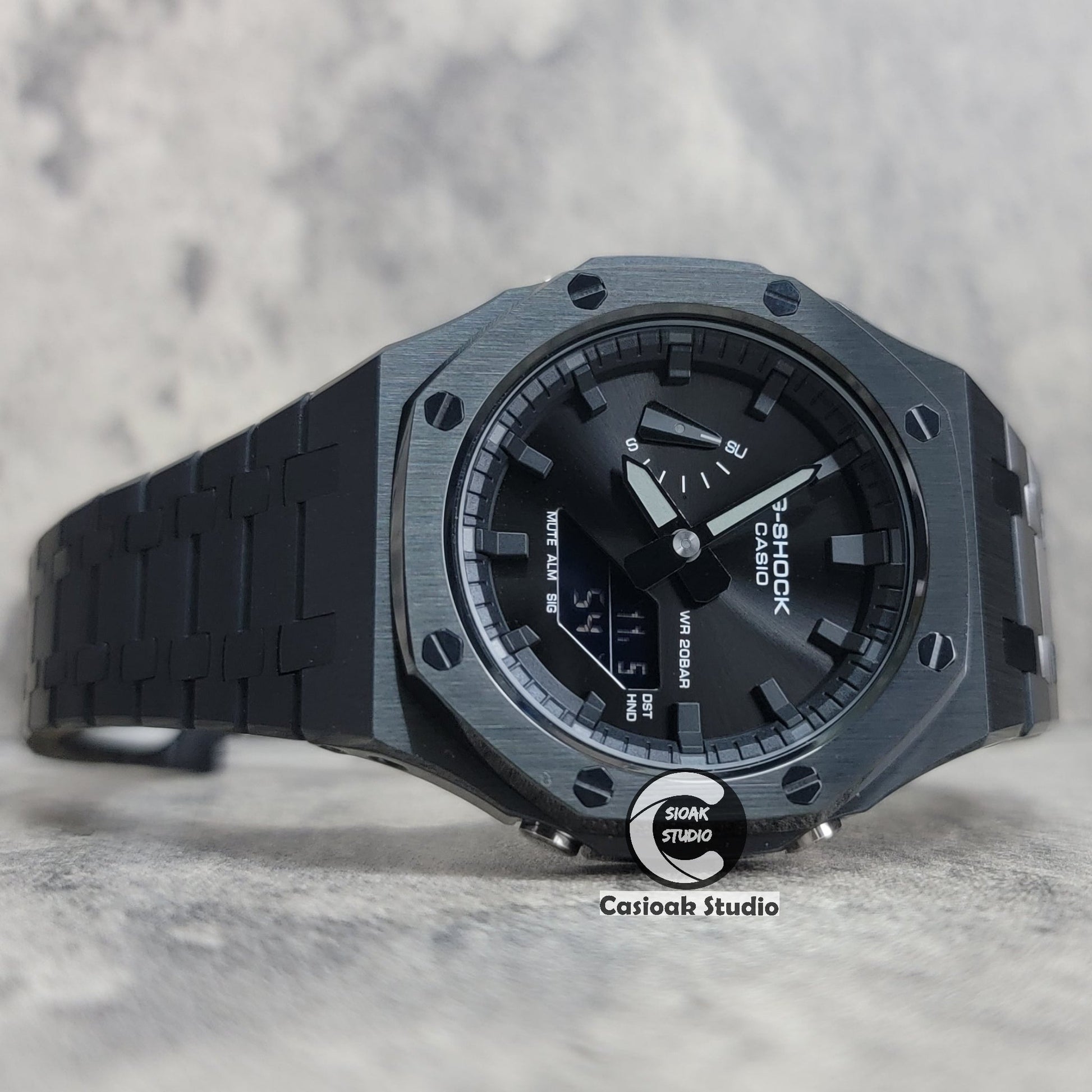 Casioak Mod Watch Black Case Metal Strap Black Time Mark Black Dial 44mm- Casioak Mod Casio G-Shock Royal Oak Custom Mens Luxury Watches Ga2100