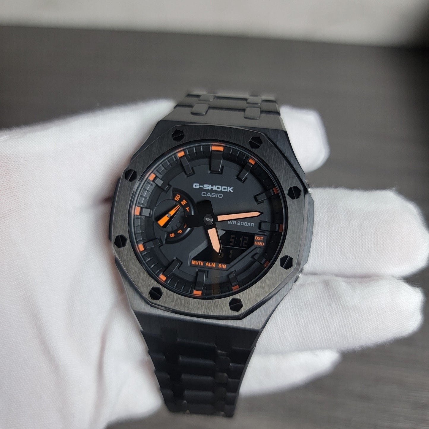 Casioak Mod Watch Black Case Metal Strap Black Time Mark Black Dial 44mm Orange- Casioak Mod Casio G-Shock Royal Oak Custom Mens Luxury Watches Ga2100