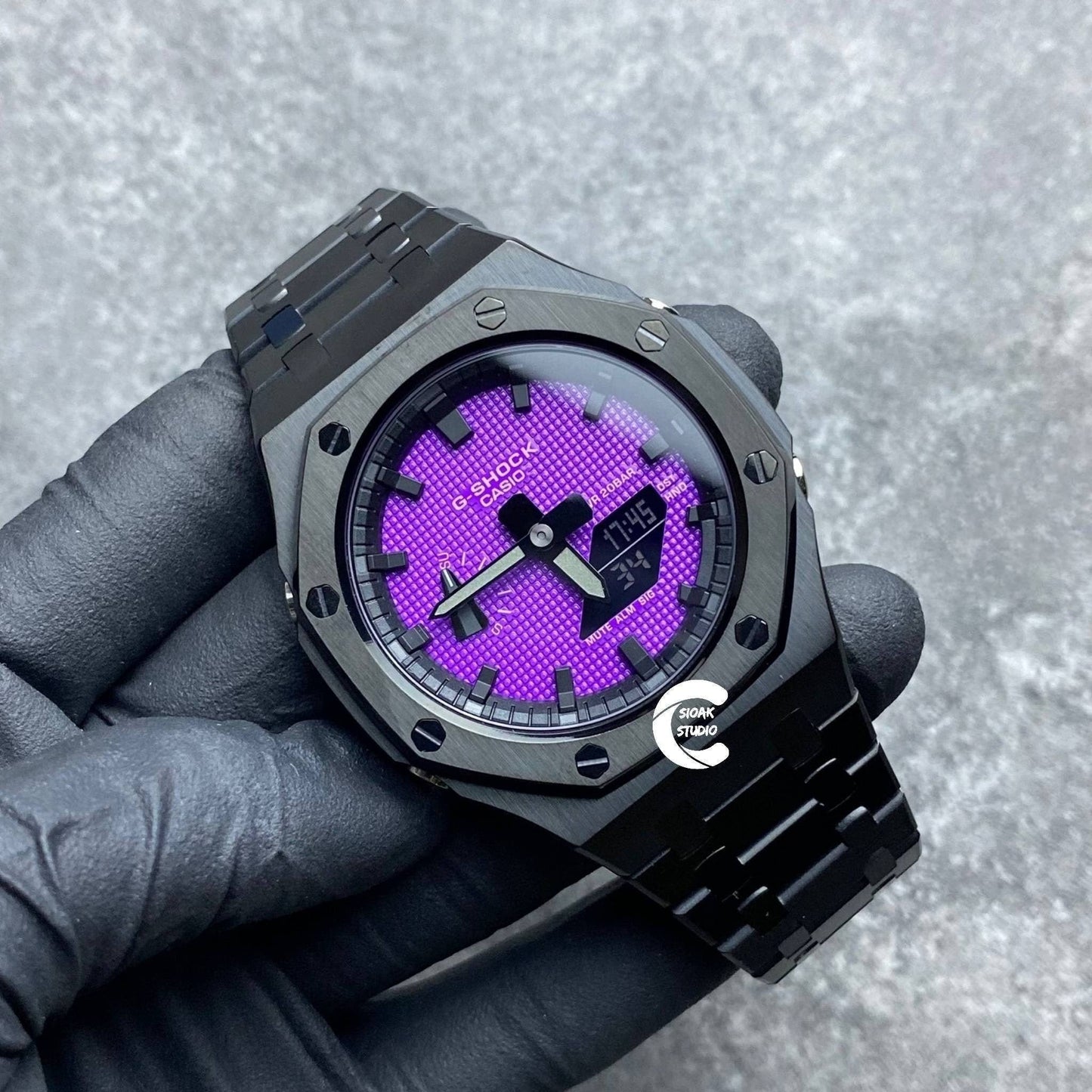 Casioak Mod Watch Black Case Metal Strap Black Time Mark Purple Dial 44mm- Casioak Mod Casio G-Shock Royal Oak Custom Mens Luxury Watches Ga2100