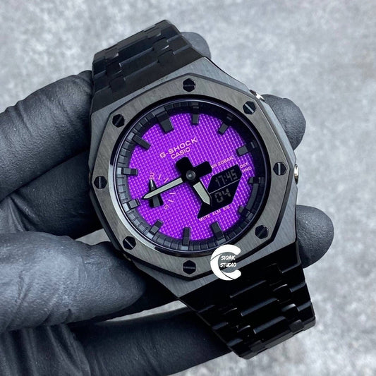 Casioak Mod Watch Black Case Metal Strap Black Time Mark Purple Dial 44mm- Casioak Mod Casio G-Shock Royal Oak Custom Mens Luxury Watches Ga2100