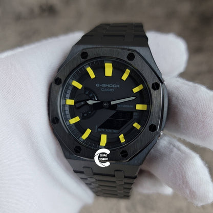 Casioak Mod Watch Black Case Metal Strap Black Yellow Time Mark Black Dial 44mm- Casioak Mod Casio G-Shock Royal Oak Custom Mens Luxury Watches Ga2100