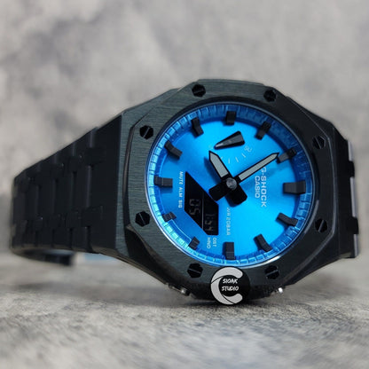 Casioak Mod Watch Black Case Metal Strap Blue Black Time Mark Metallic Blue Dial 44mm- Casioak Mod Casio G-Shock Royal Oak Custom Mens Luxury Watches Ga2100