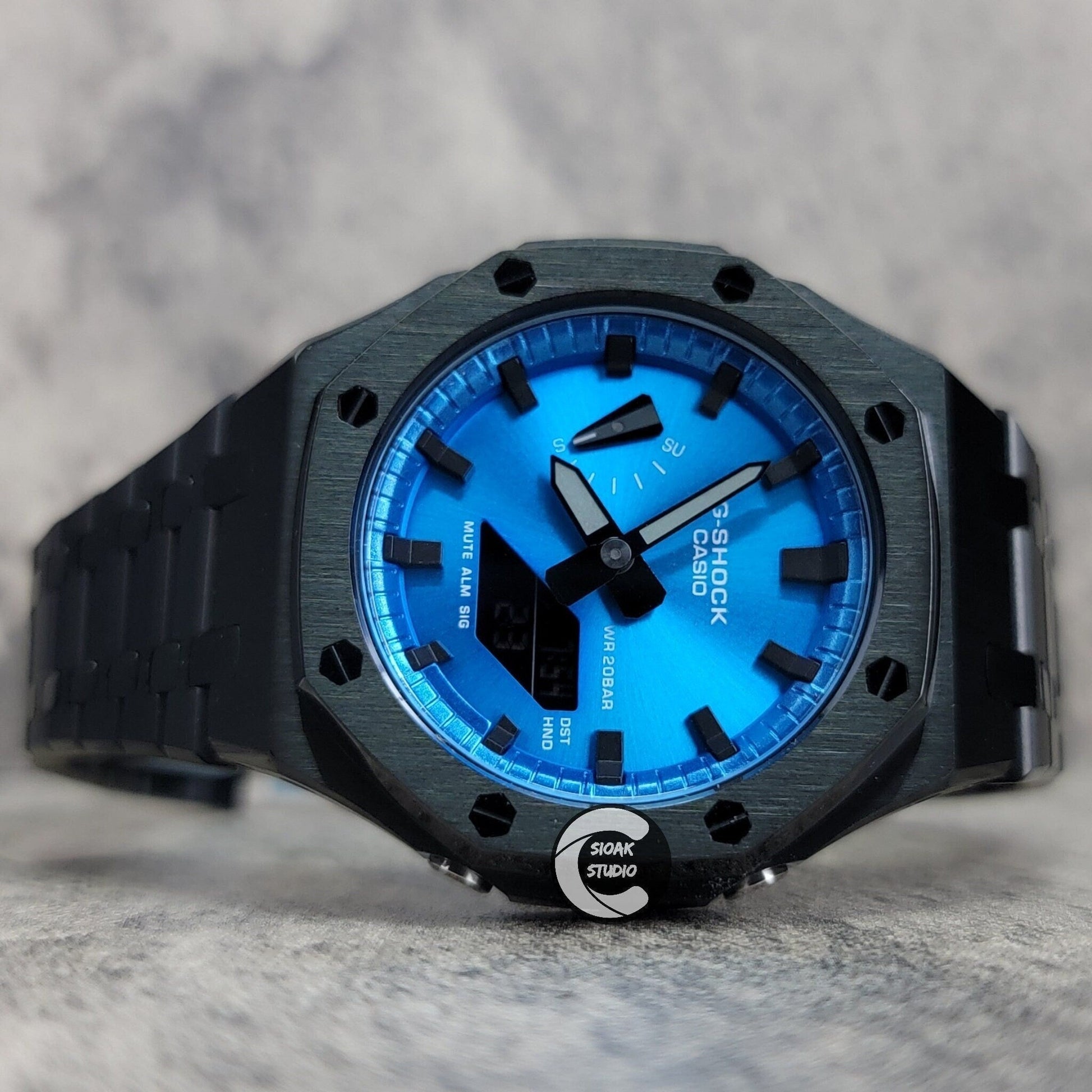 Casioak Mod Watch Black Case Metal Strap Blue Black Time Mark Metallic Blue Dial 44mm- Casioak Mod Casio G-Shock Royal Oak Custom Mens Luxury Watches Ga2100