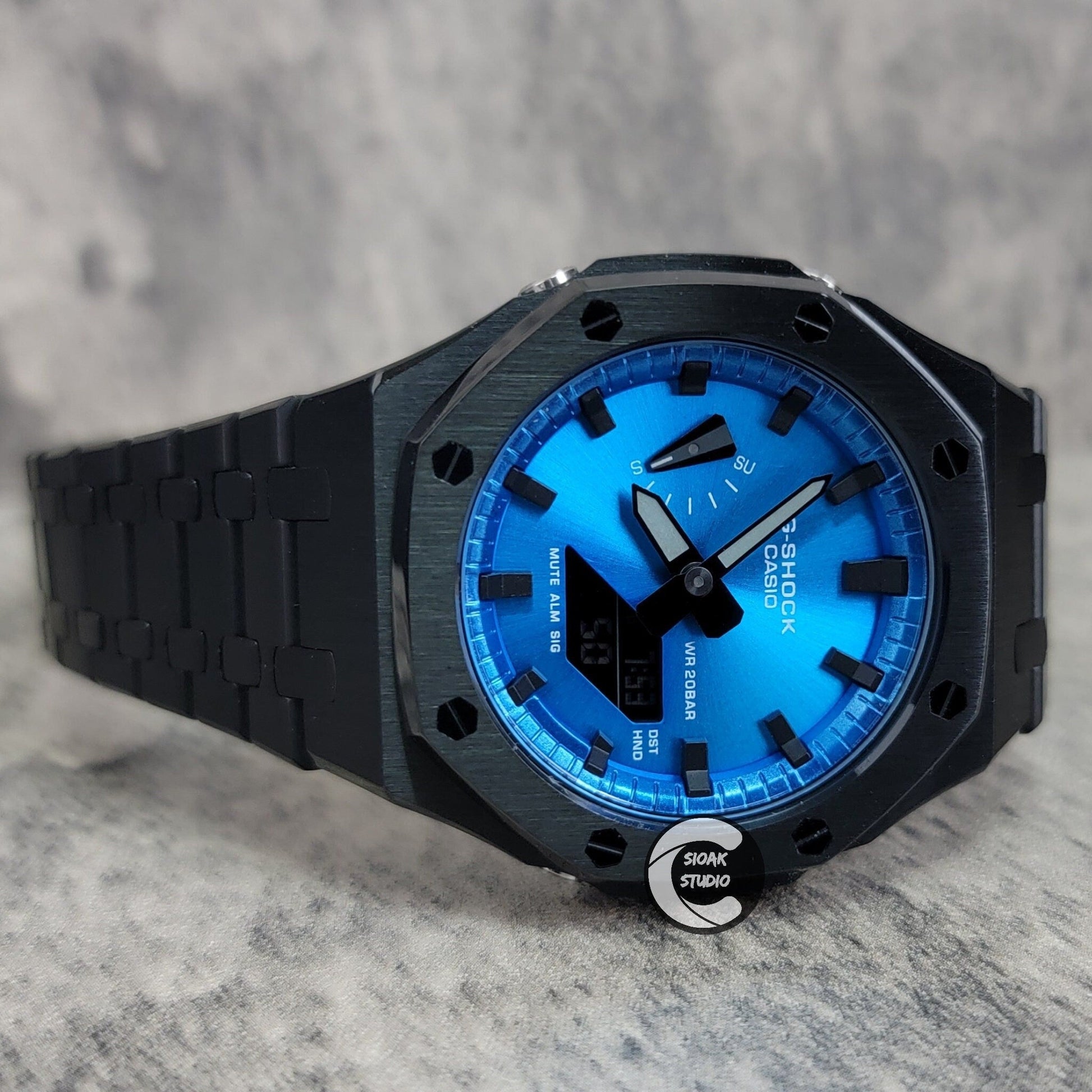 Casioak Mod Watch Black Case Metal Strap Blue Black Time Mark Metallic Blue Dial 44mm- Casioak Mod Casio G-Shock Royal Oak Custom Mens Luxury Watches Ga2100