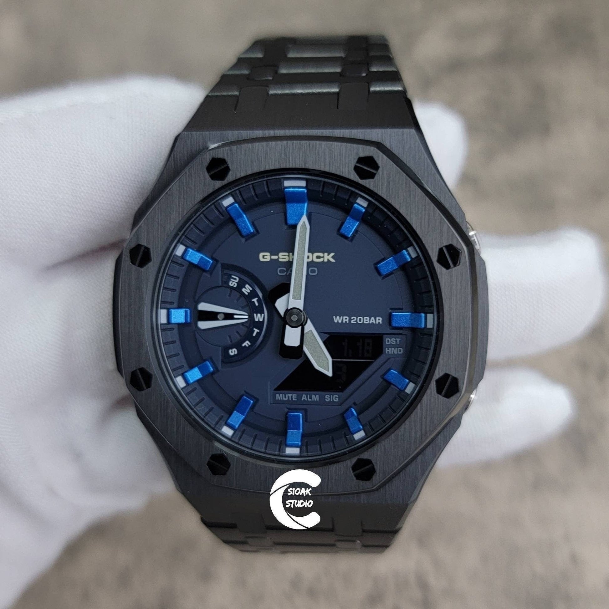 Casioak Mod Watch Black Case Metal Strap Blue Blue Time Mark Blue Dial 44mm- Casioak Mod Casio G-Shock Royal Oak Custom Mens Luxury Watches Ga2100