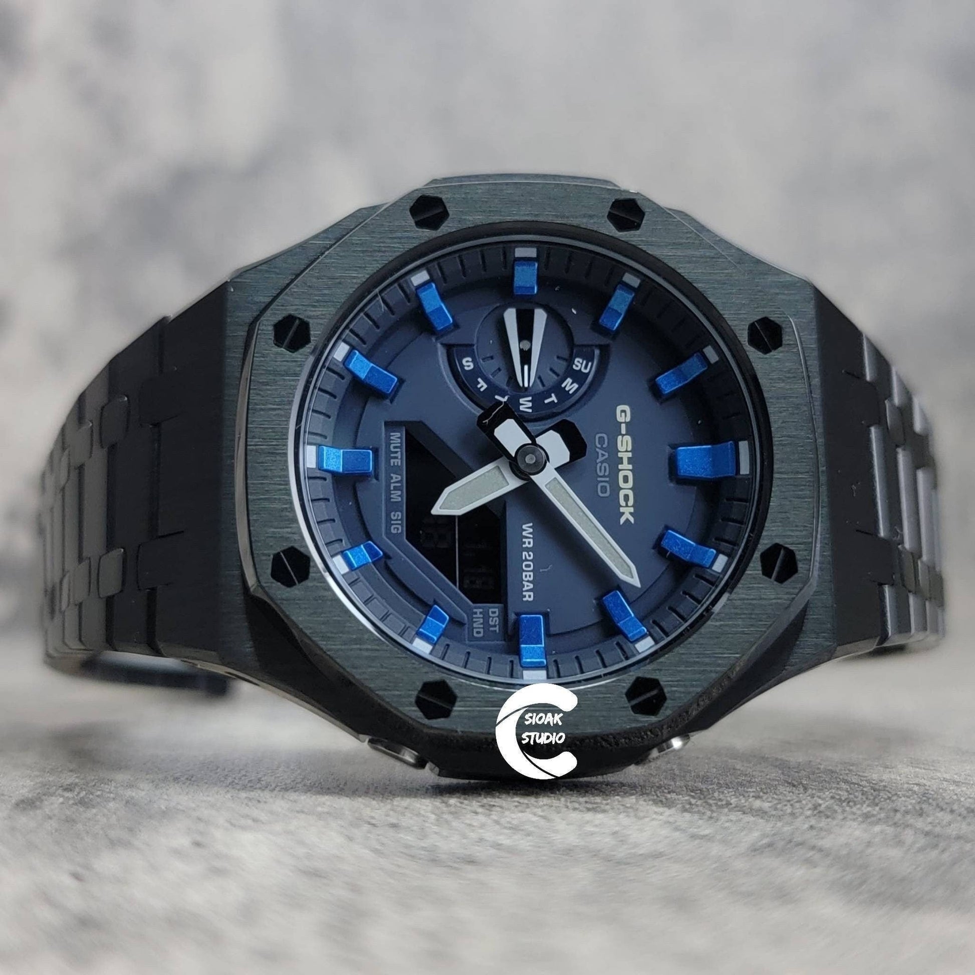 Casioak Mod Watch Black Case Metal Strap Blue Blue Time Mark Blue Dial 44mm- Casioak Mod Casio G-Shock Royal Oak Custom Mens Luxury Watches Ga2100