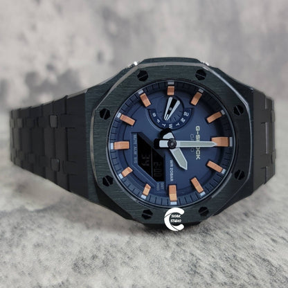 Casioak Mod Watch Black Case Metal Strap Blue Rose Gold Time Mark Blue Dial 44mm- Casioak Mod Casio G-Shock Royal Oak Custom Mens Luxury Watches Ga2100