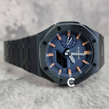 Casioak Mod Watch Black Case Metal Strap Blue Rose Gold Time Mark Blue Dial 44mm- Casioak Mod Casio G-Shock Royal Oak Custom Mens Luxury Watches Ga2100