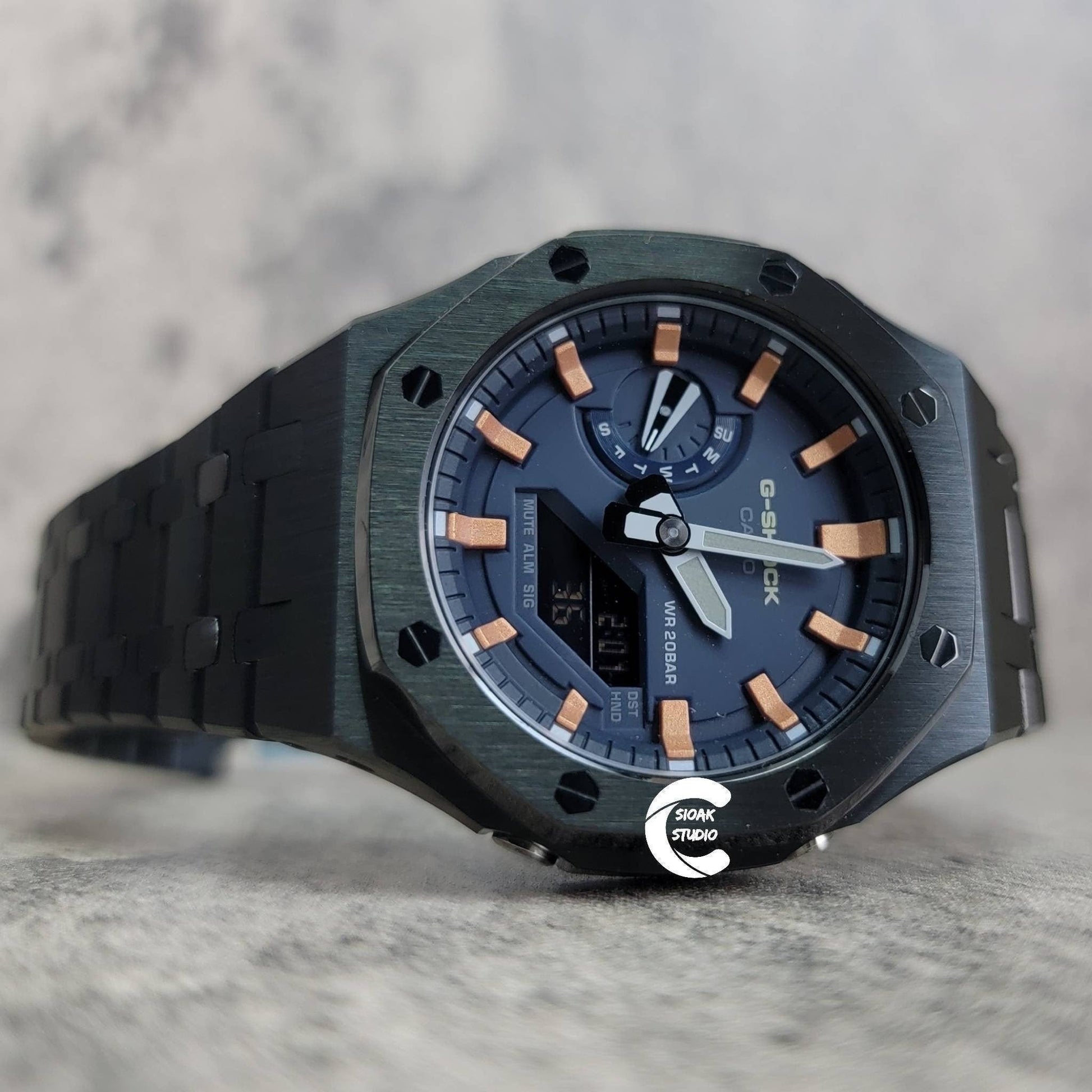 Casioak Mod Watch Black Case Metal Strap Blue Rose Gold Time Mark Blue Dial 44mm- Casioak Mod Casio G-Shock Royal Oak Custom Mens Luxury Watches Ga2100