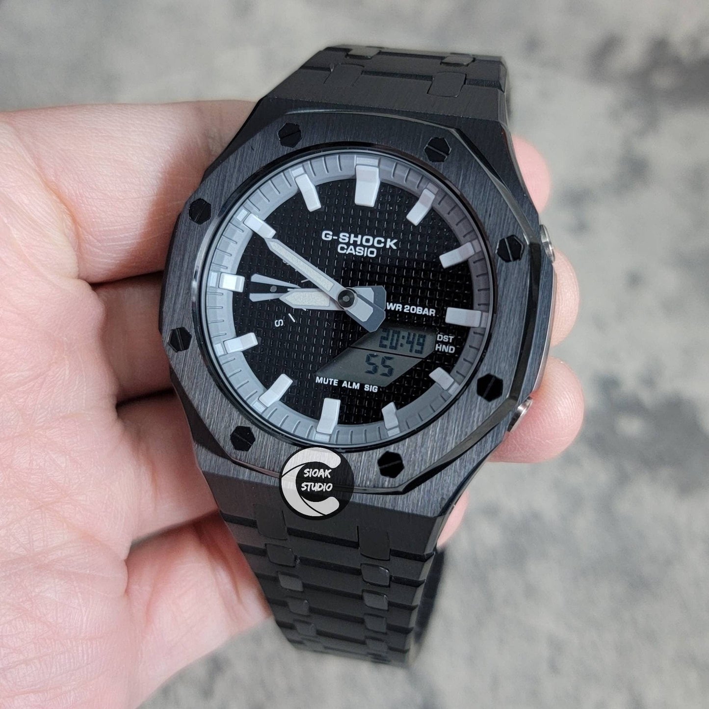 Casioak Mod Watch Black Case Metal Strap Gray White Time Mark Black Waffle Dial 44mm- Casioak Mod Casio G-Shock Royal Oak Custom Mens Luxury Watches Ga2100