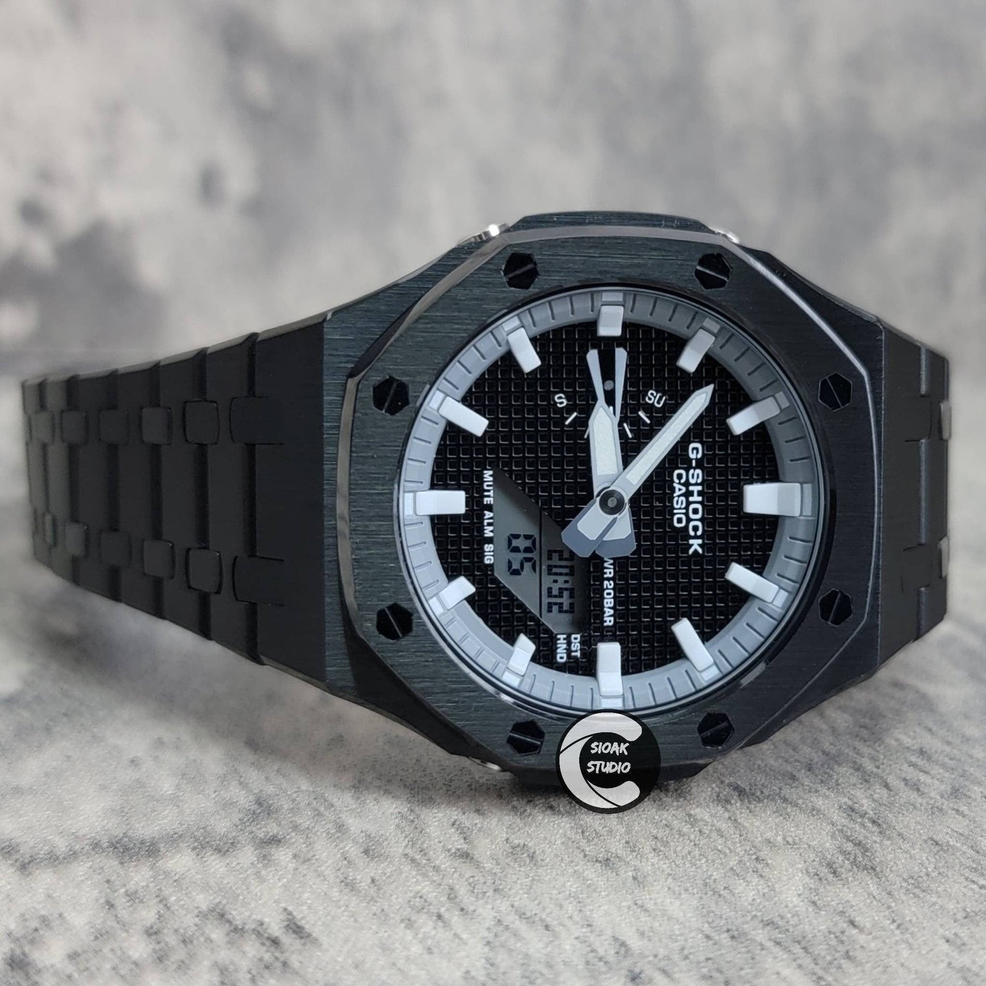 Casioak Mod Watch Black Case Metal Strap Gray White Time Mark Black Waffle Dial 44mm- Casioak Mod Casio G-Shock Royal Oak Custom Mens Luxury Watches Ga2100