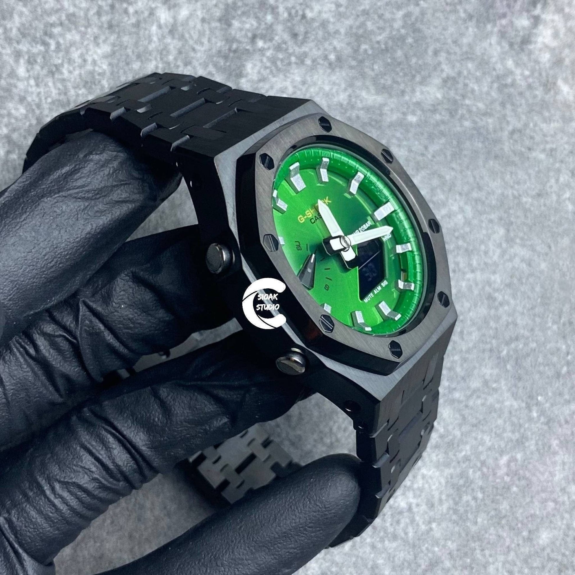 Casioak Mod Watch Black Case Metal Strap Green Time Mark Green Dial 44mm- Casioak Mod Casio G-Shock Royal Oak Custom Mens Luxury Watches Ga2100