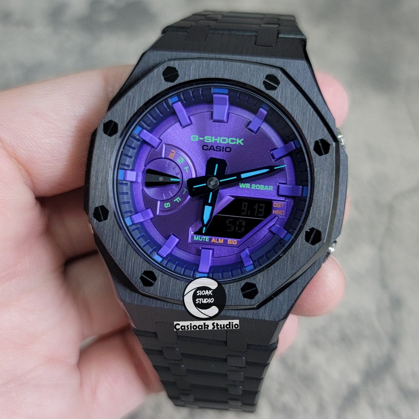 Casioak Mod Watch Black Case Metal Strap Purple Time Mark Purple Dial 44mm- Casioak Mod Casio G-Shock Royal Oak Custom Mens Luxury Watches Ga2100