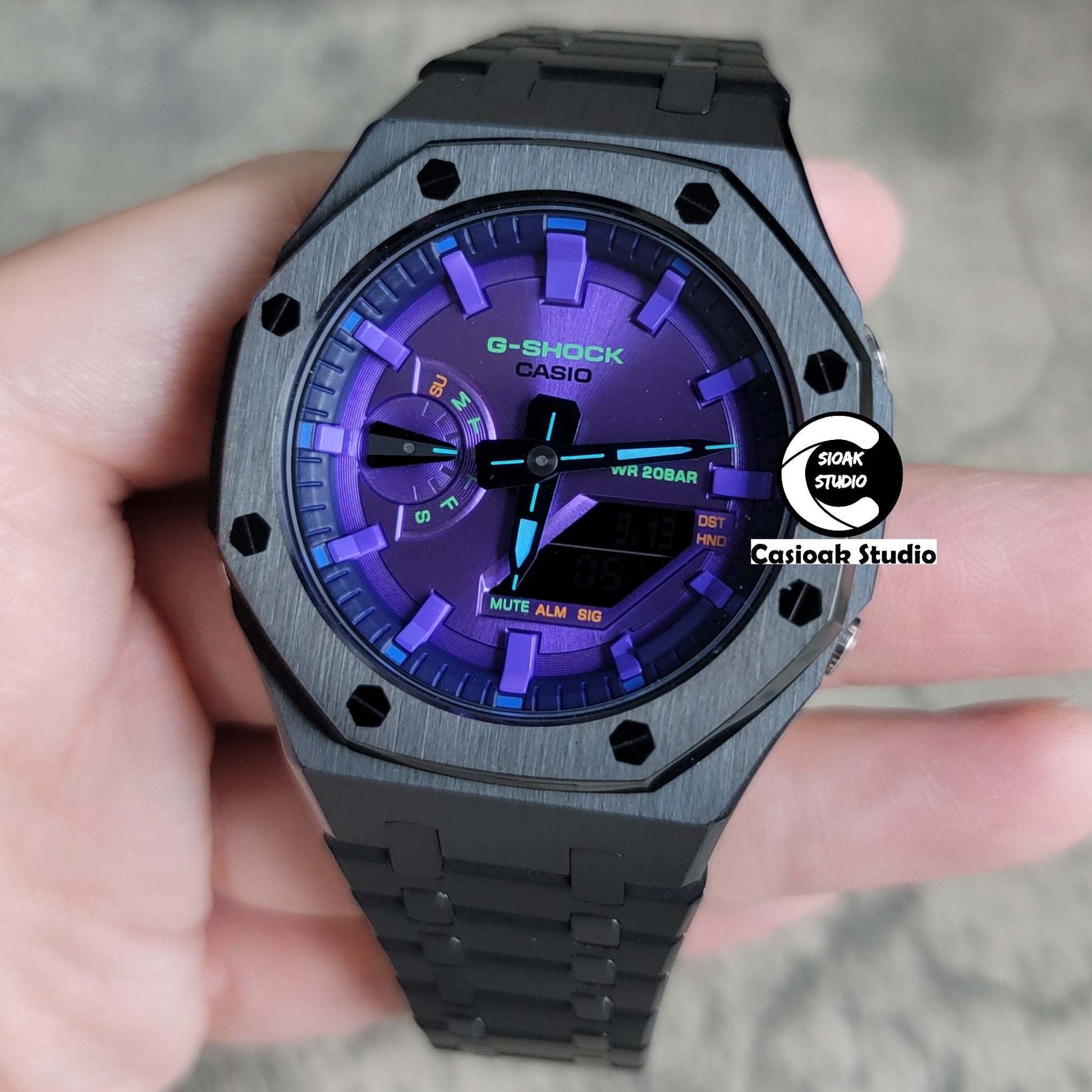 Casioak Mod Watch Black Case Metal Strap Purple Time Mark Purple Dial 44mm- Casioak Mod Casio G-Shock Royal Oak Custom Mens Luxury Watches Ga2100