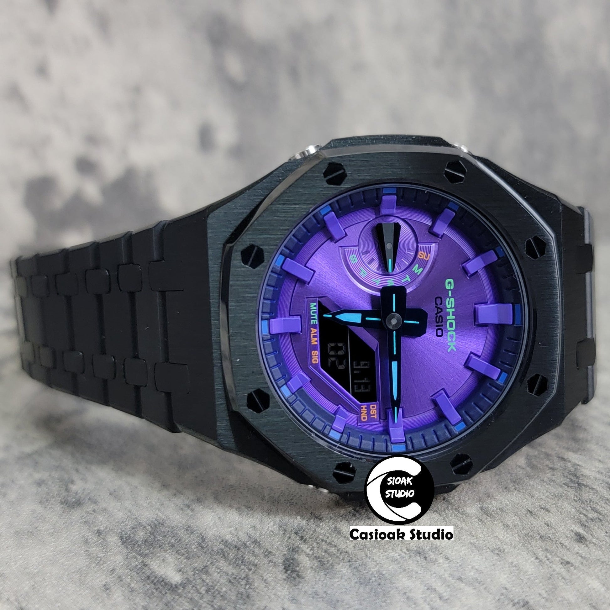 Casioak Mod Watch Black Case Metal Strap Purple Time Mark Purple Dial 44mm- Casioak Mod Casio G-Shock Royal Oak Custom Mens Luxury Watches Ga2100