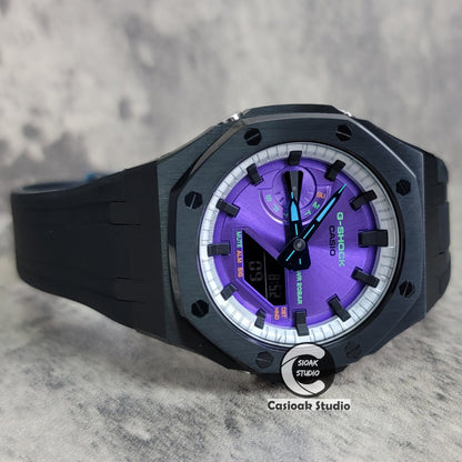 Casioak Mod Watch Black Case Metal Strap Silver Black Time Mark Purple Dial 44mm- Casioak Mod Casio G-Shock Royal Oak Custom Mens Luxury Watches Ga2100