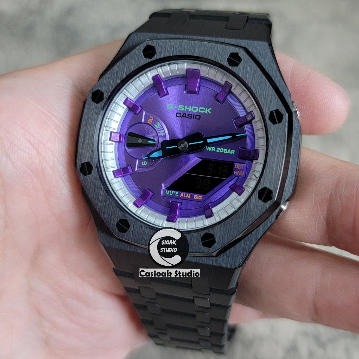 Casioak Mod Watch Black Case Metal Strap Silver Purple Time Mark Purple Dial 44mm- Casioak Mod Casio G-Shock Royal Oak Custom Mens Luxury Watches Ga2100