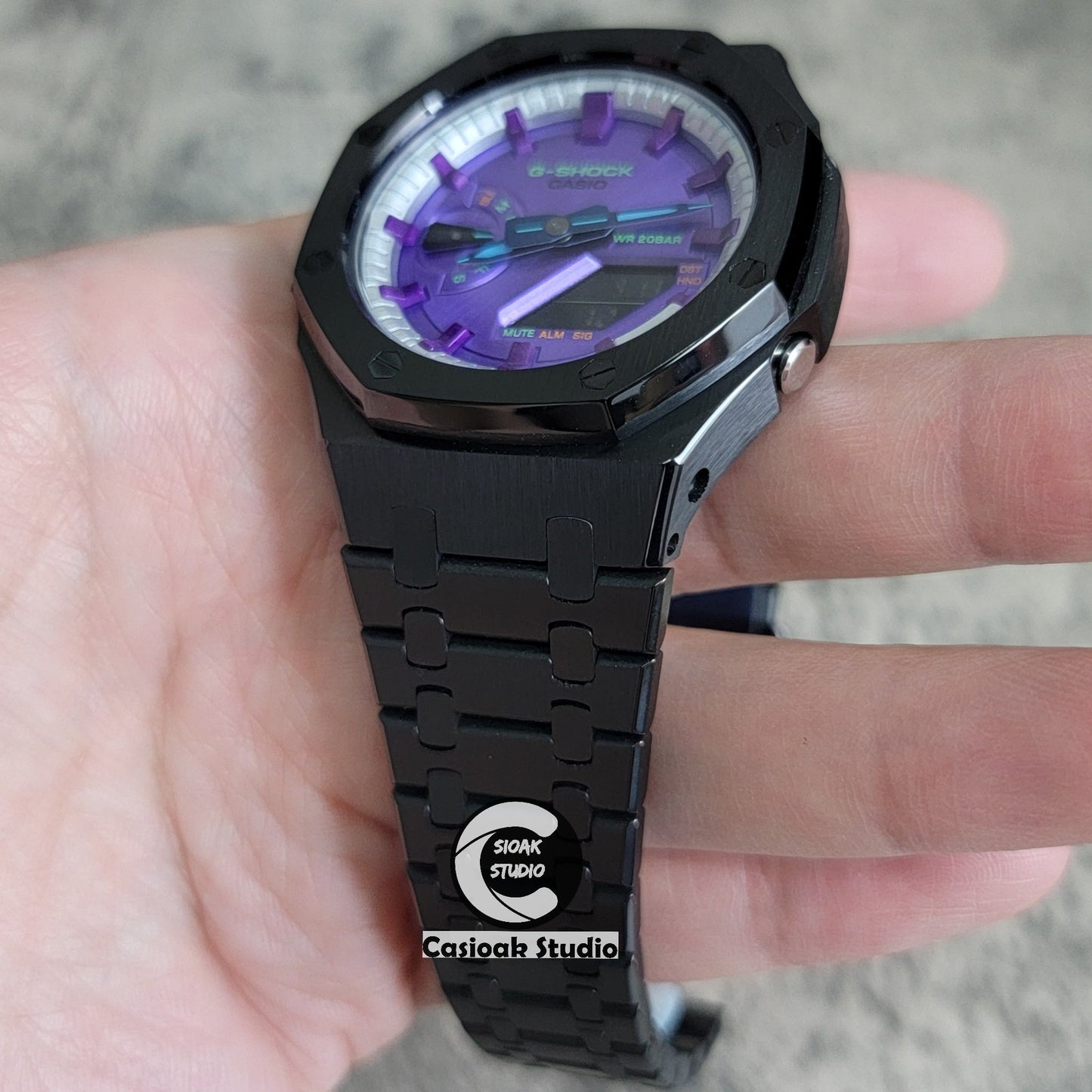 Casioak Mod Watch Black Case Metal Strap Silver Purple Time Mark Purple Dial 44mm- Casioak Mod Casio G-Shock Royal Oak Custom Mens Luxury Watches Ga2100