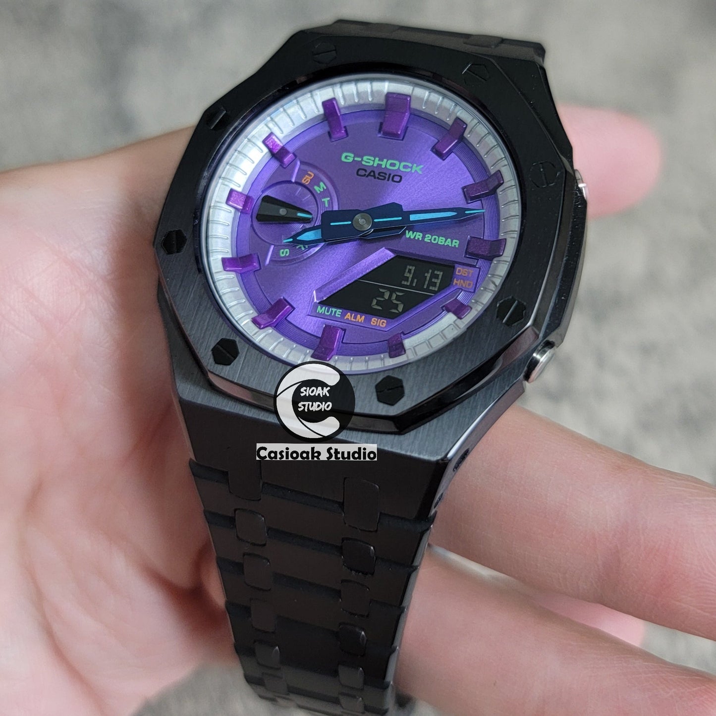 Casioak Mod Watch Black Case Metal Strap Silver Purple Time Mark Purple Dial 44mm- Casioak Mod Casio G-Shock Royal Oak Custom Mens Luxury Watches Ga2100