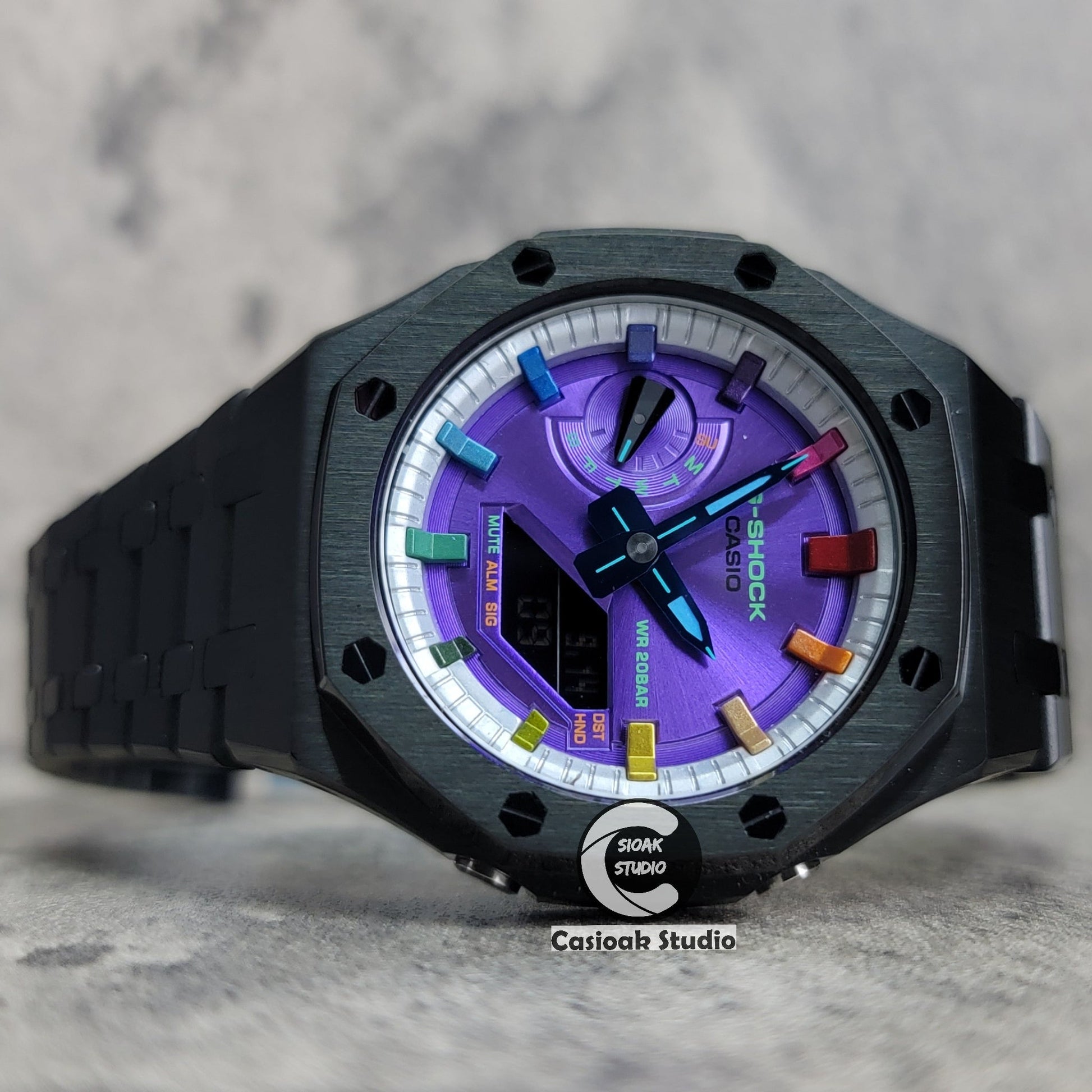 Casioak Mod Watch Black Case Metal Strap Silver Rainbow Time Mark Purple Dial 44mm- Casioak Mod Casio G-Shock Royal Oak Custom Mens Luxury Watches Ga2100