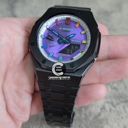 Casioak Mod Watch Black Case Metal Strap Silver Rainbow Time Mark Purple Dial 44mm- Casioak Mod Casio G-Shock Royal Oak Custom Mens Luxury Watches Ga2100