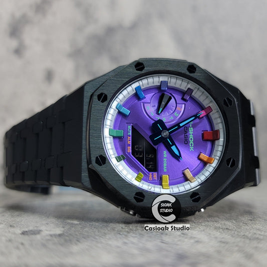 Casioak Mod Watch Black Case Metal Strap Silver Rainbow Time Mark Purple Dial 44mm- Casioak Mod Casio G-Shock Royal Oak Custom Mens Luxury Watches Ga2100